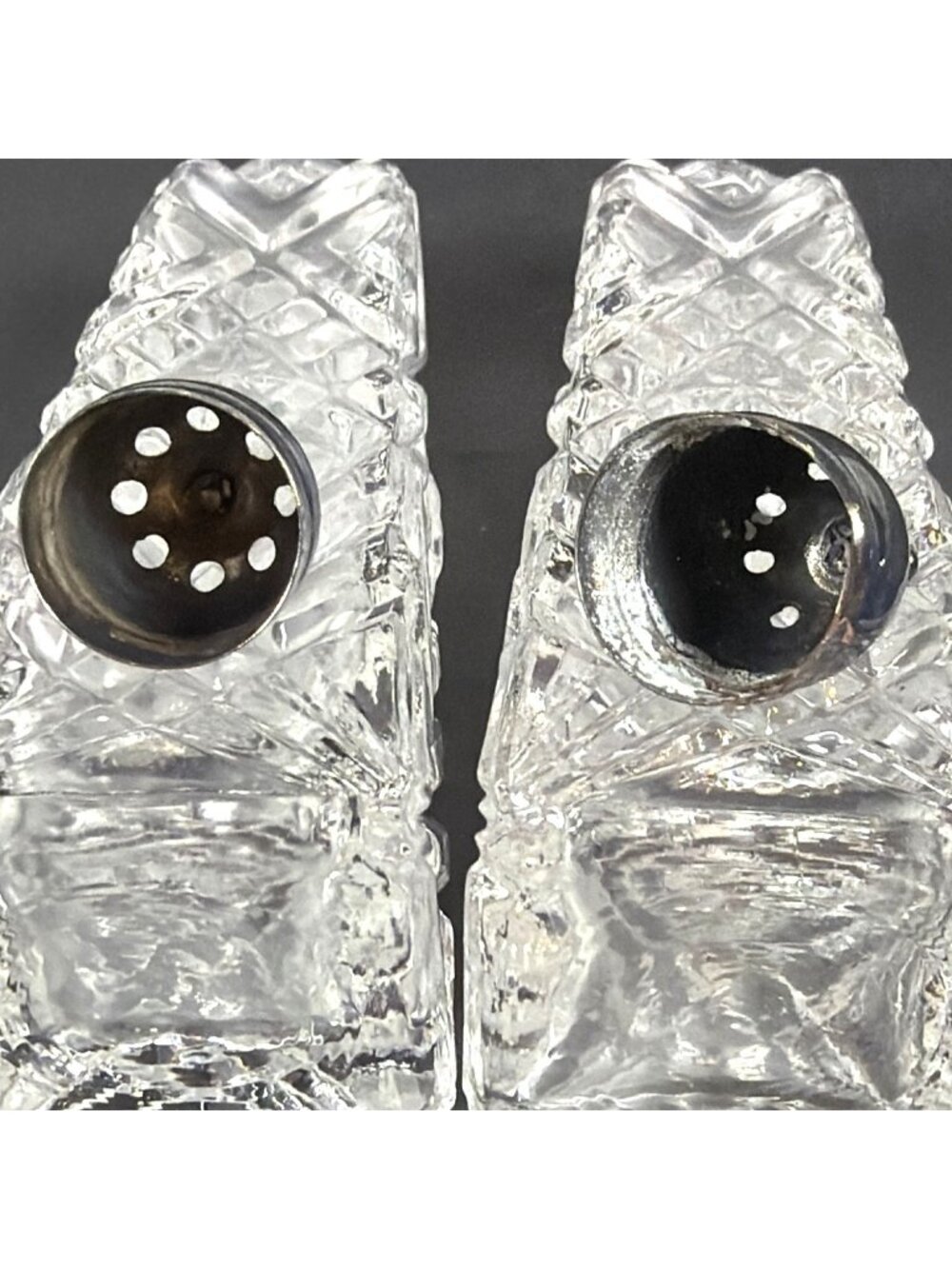 VTG 50s Crystal Salt Pepper Shakers Heavy Cut Glass Diamond Pattern AS IS Parts - Picture 6 of 14